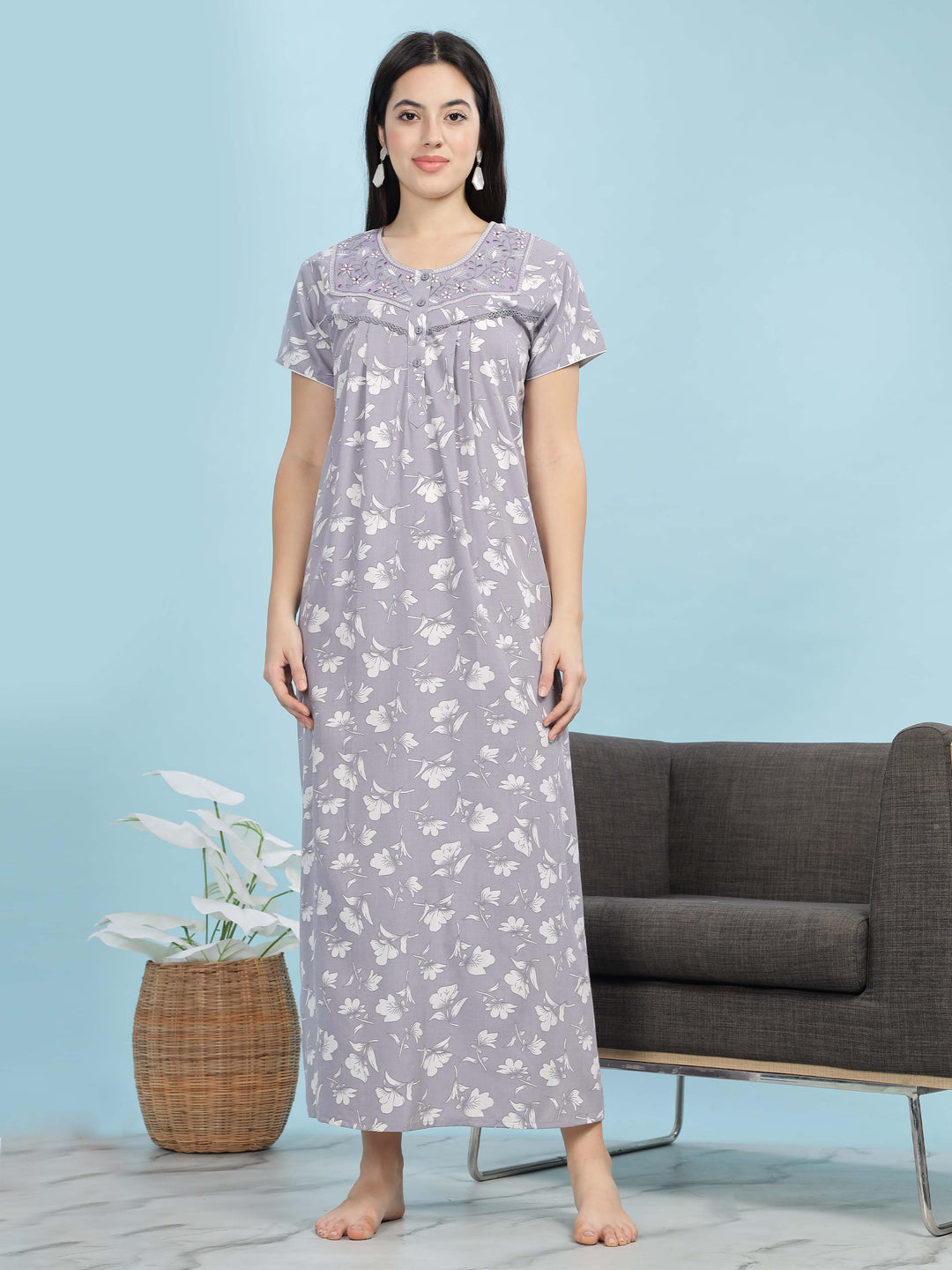Chic Lavender Pleated Design Front Open Nighty For Women