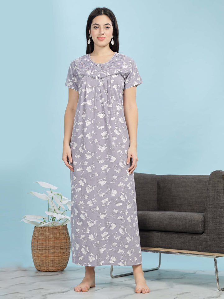 Chic Lavender Pleated Design Front Open Nighty For Women
