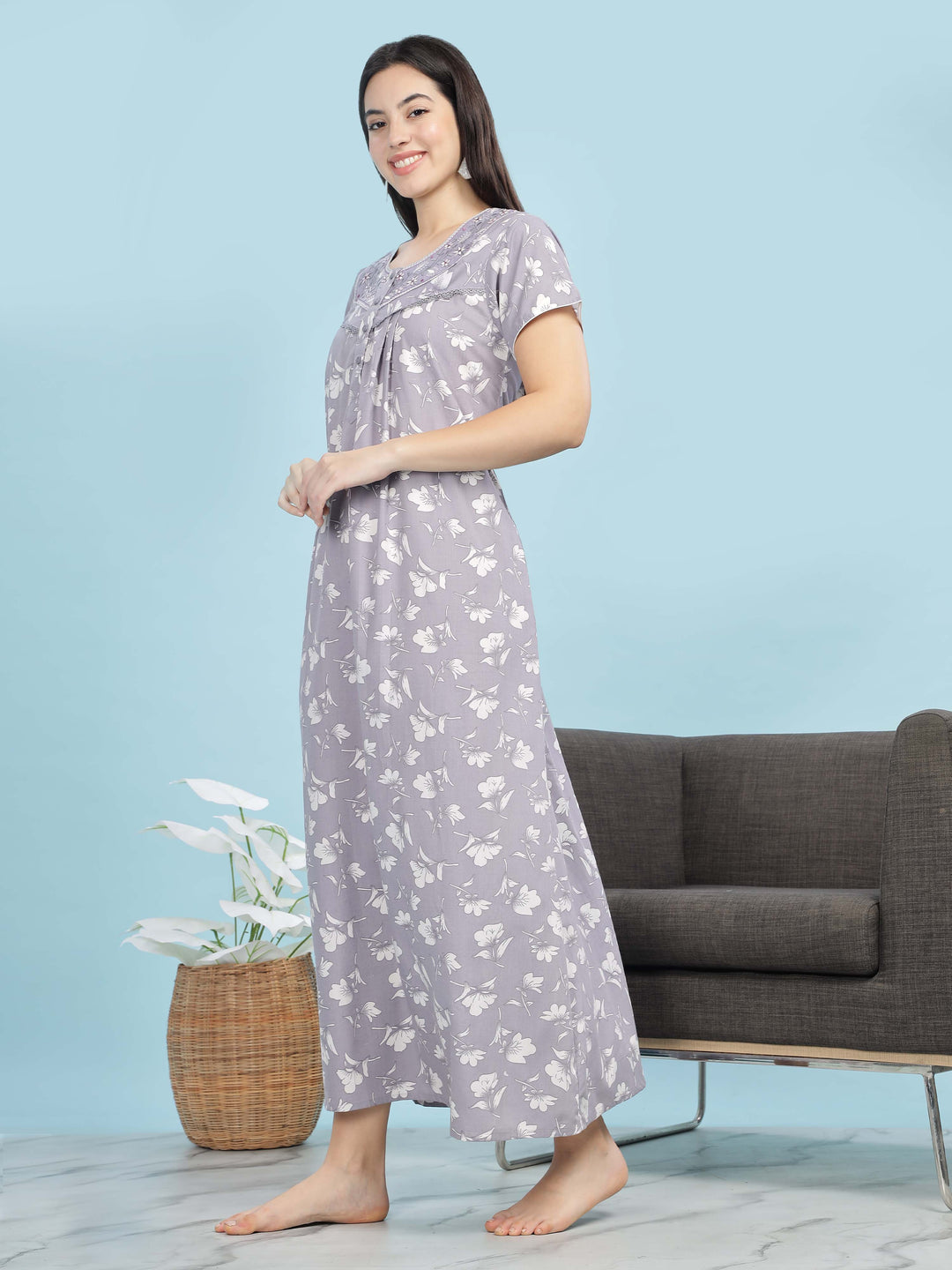 Chic Lavender Pleated Design Front Open Nighty For Women