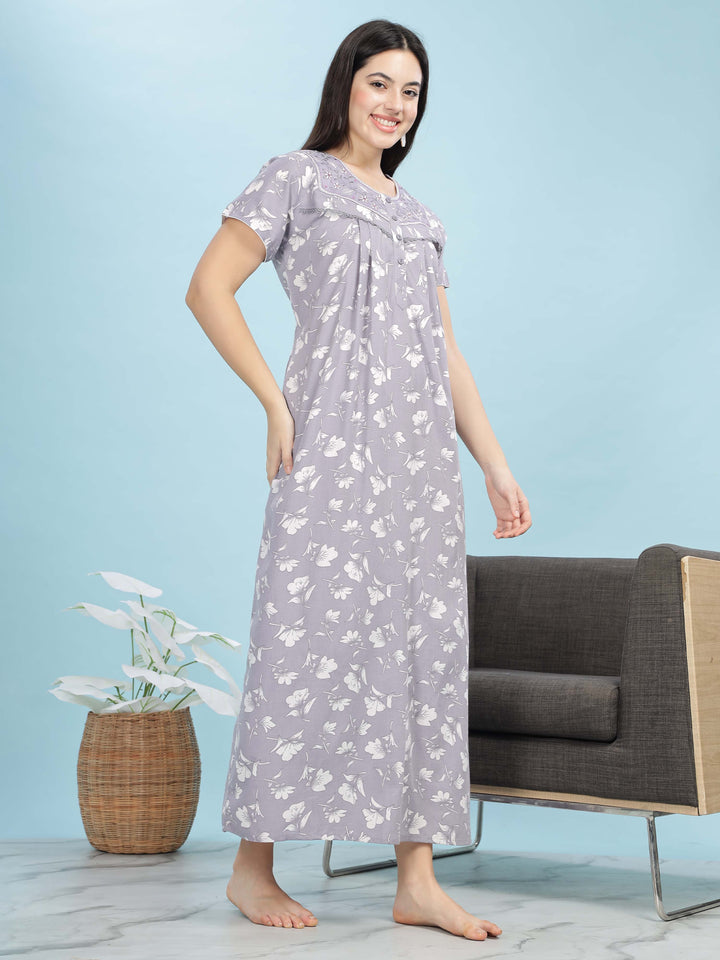 Chic Lavender Pleated Design Front Open Nighty For Women