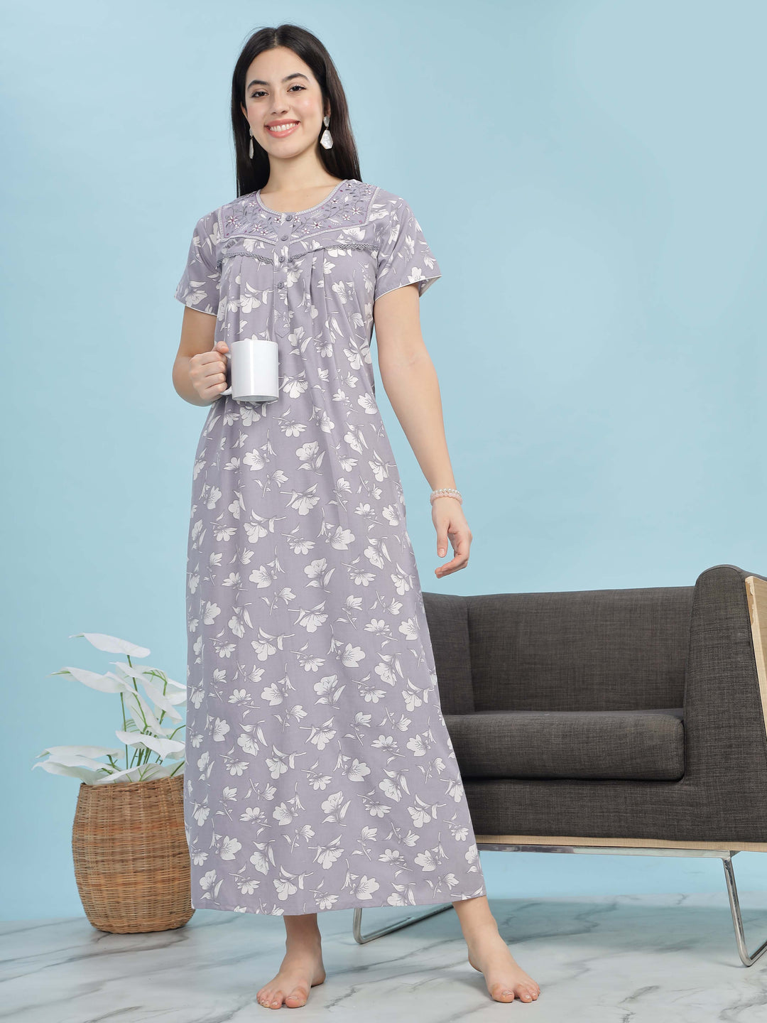 Chic Lavender Pleated Design Front Open Nighty For Women