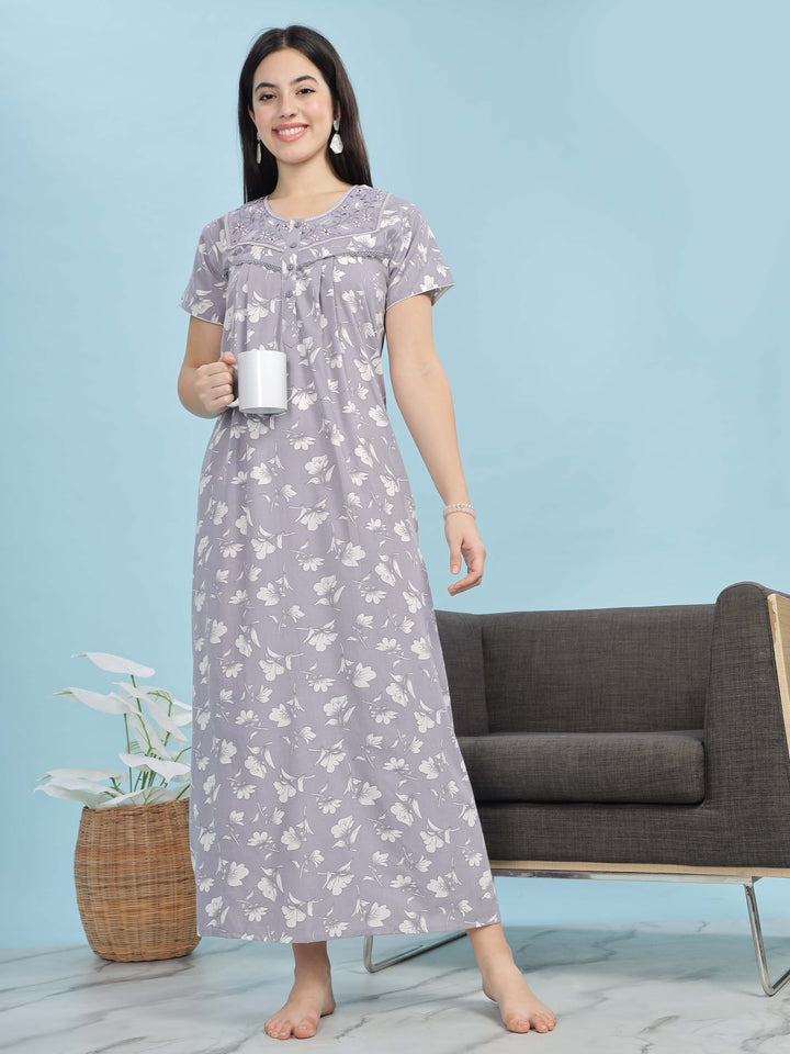 Chic Lavender Pleated Design Front Open Nighty For Women