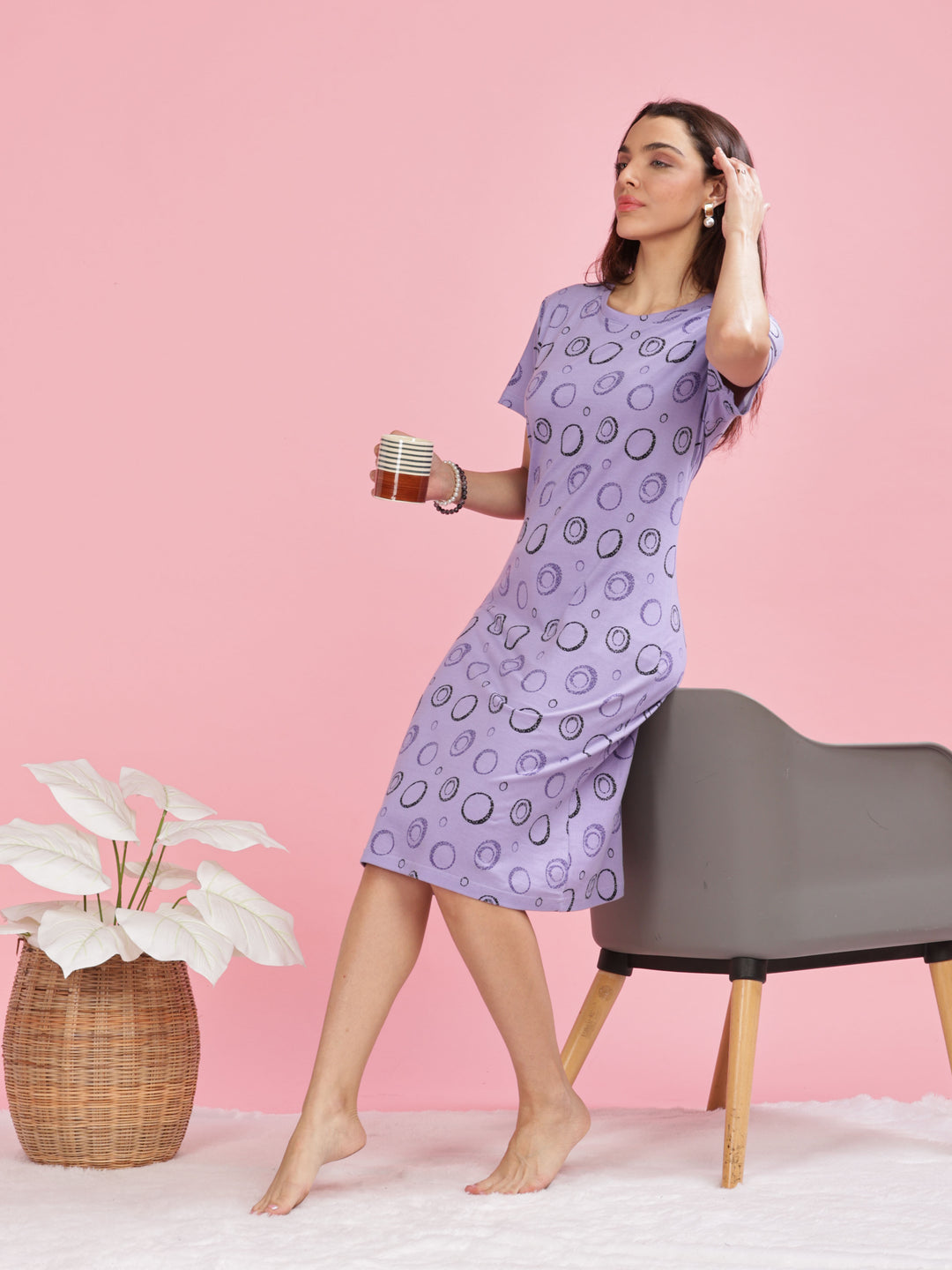Lavender Plus Size Short Nighty Cotton For Women 