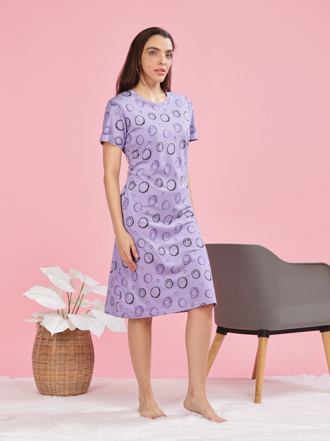 Lavender Plus Size Short Nighty Cotton For Women 