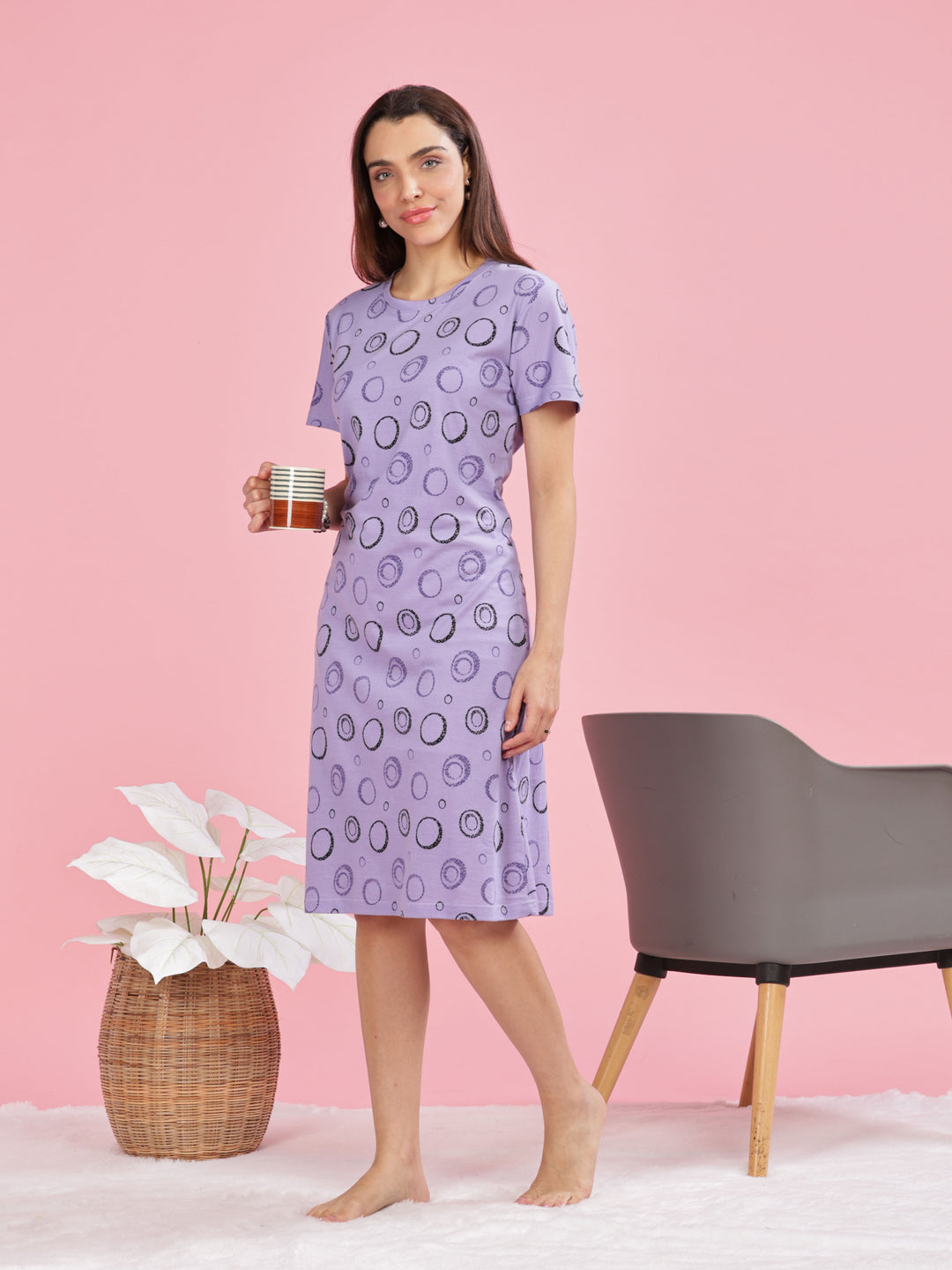 Lavender Plus Size Short Nighty Cotton For Women 