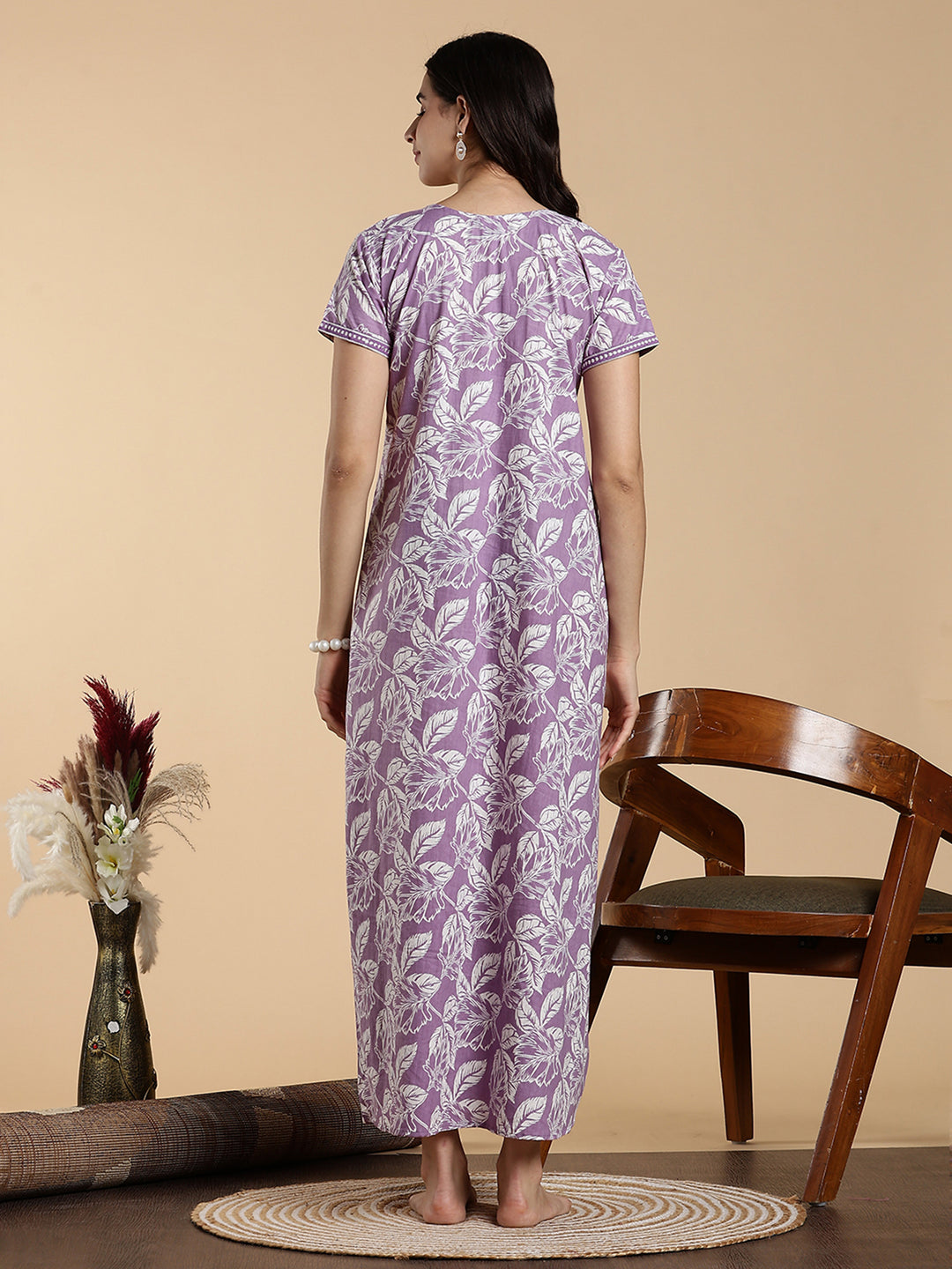Lavender Embroidered Jaipuri Pure Cotton Nighty dress