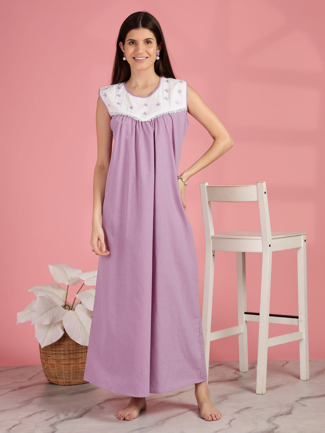Lavender Sleeveless Cotton Nighty for Women