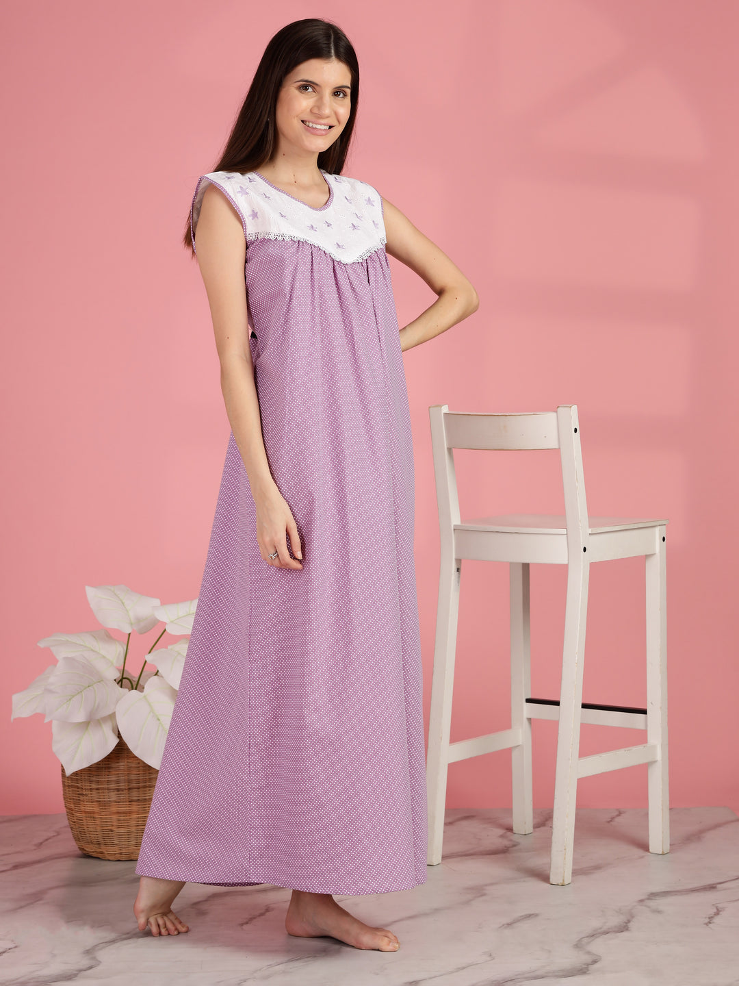 Lavender Sleeveless Cotton Nighty for Women
