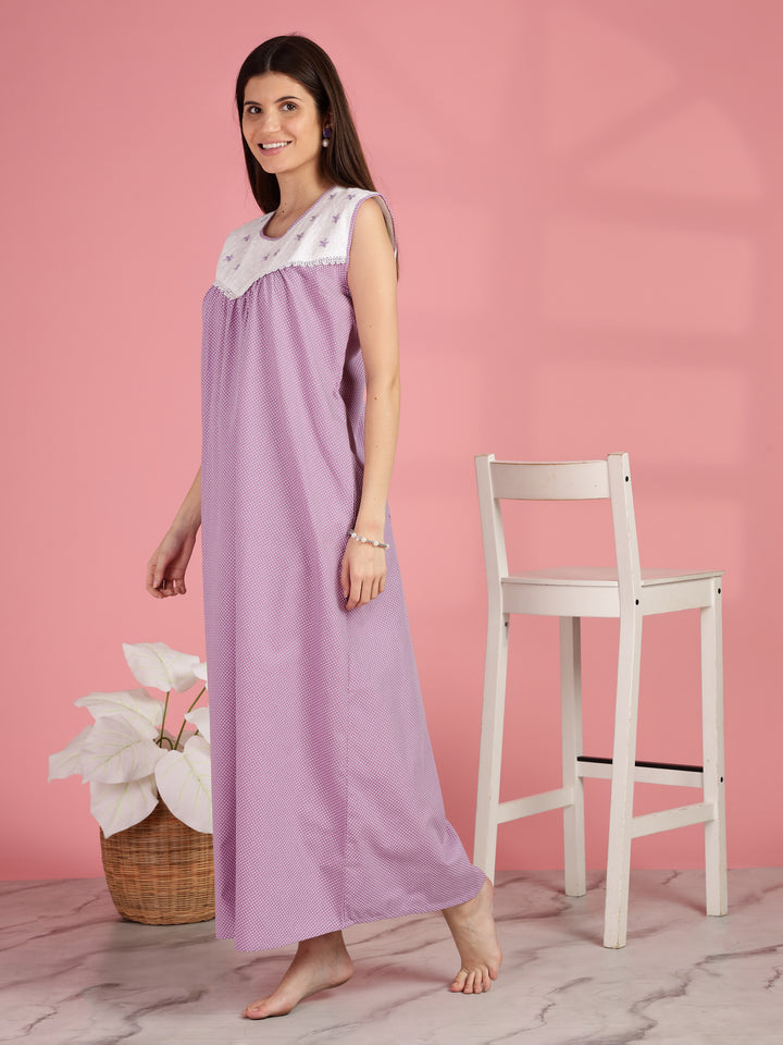 Lavender Sleeveless Cotton Nighty for Women