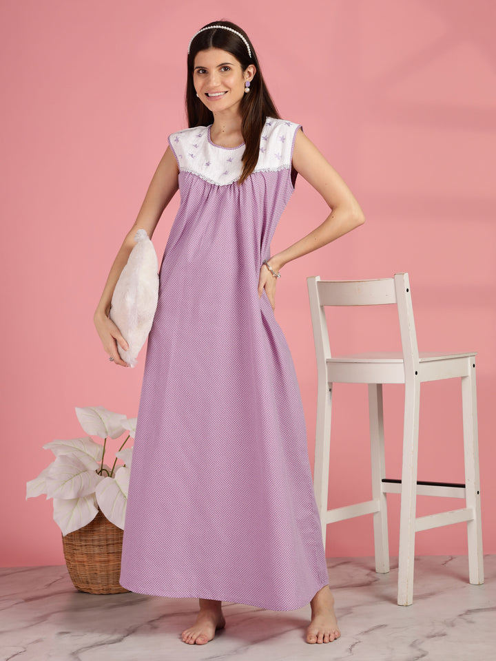 Lavender Sleeveless Cotton Nighty for Women