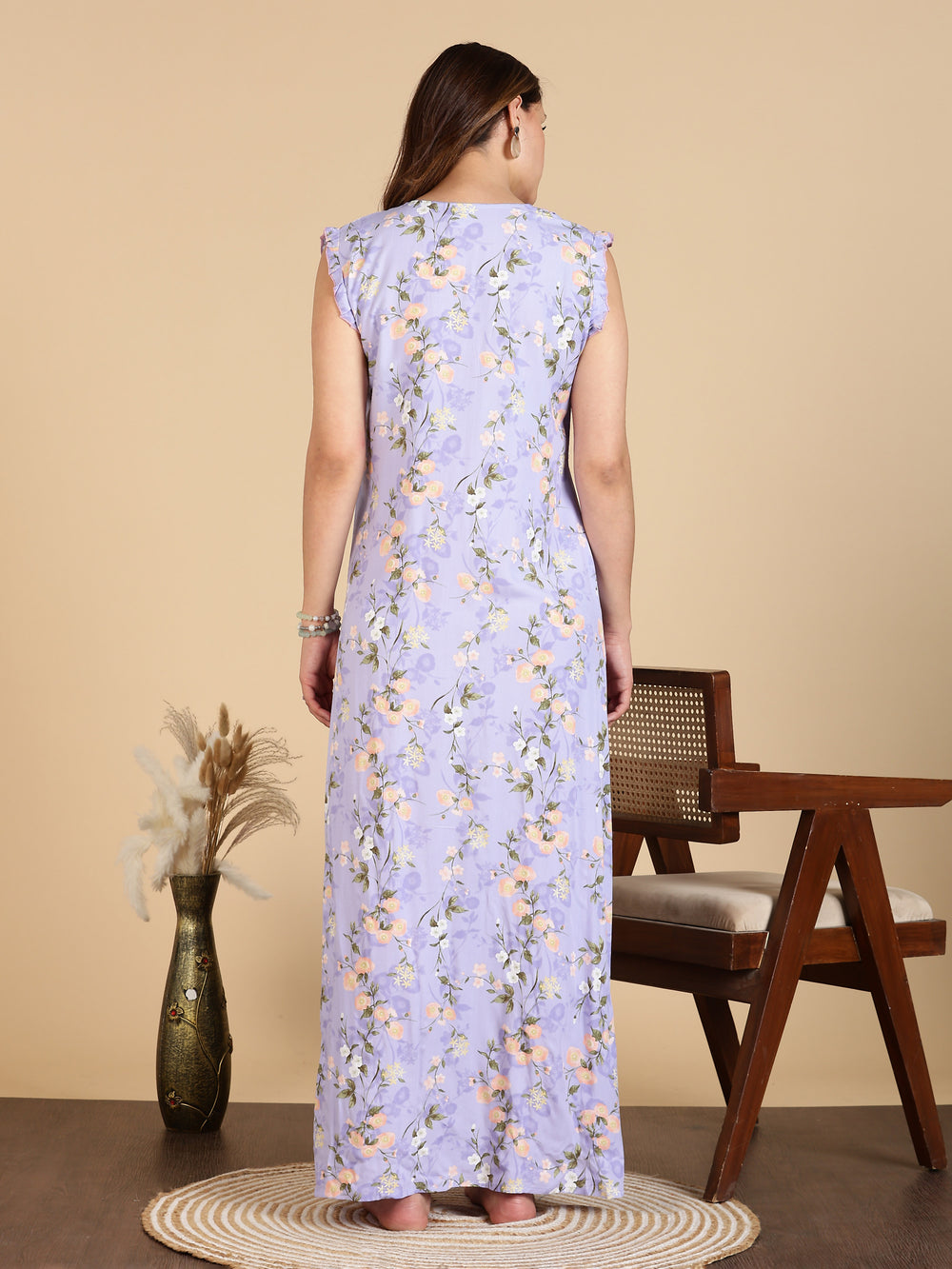 Lavender Rayon Floral Sleeveless Nighty for Women