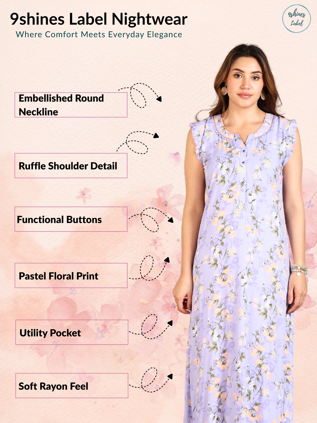 Lavender Rayon Floral Sleeveless Nighty for Women