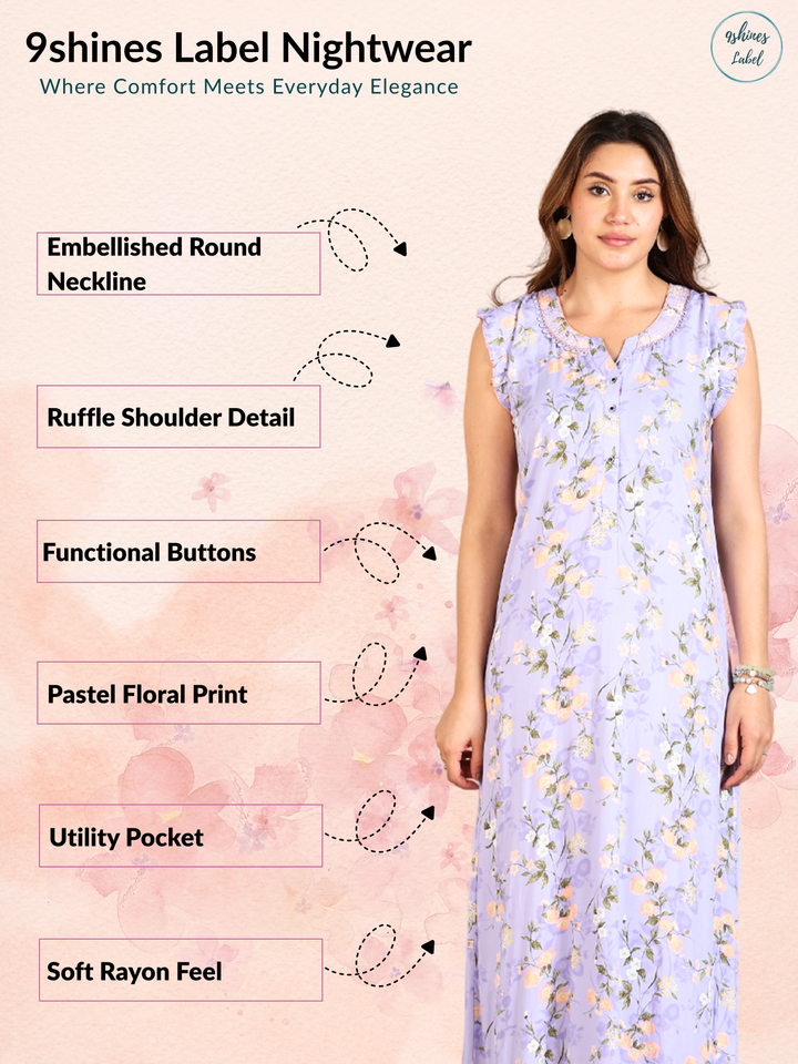 Lavender Rayon Floral Sleeveless Nighty for Women