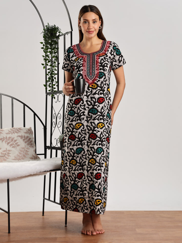 Leaf Print Pure Cotton Night Dress for Women