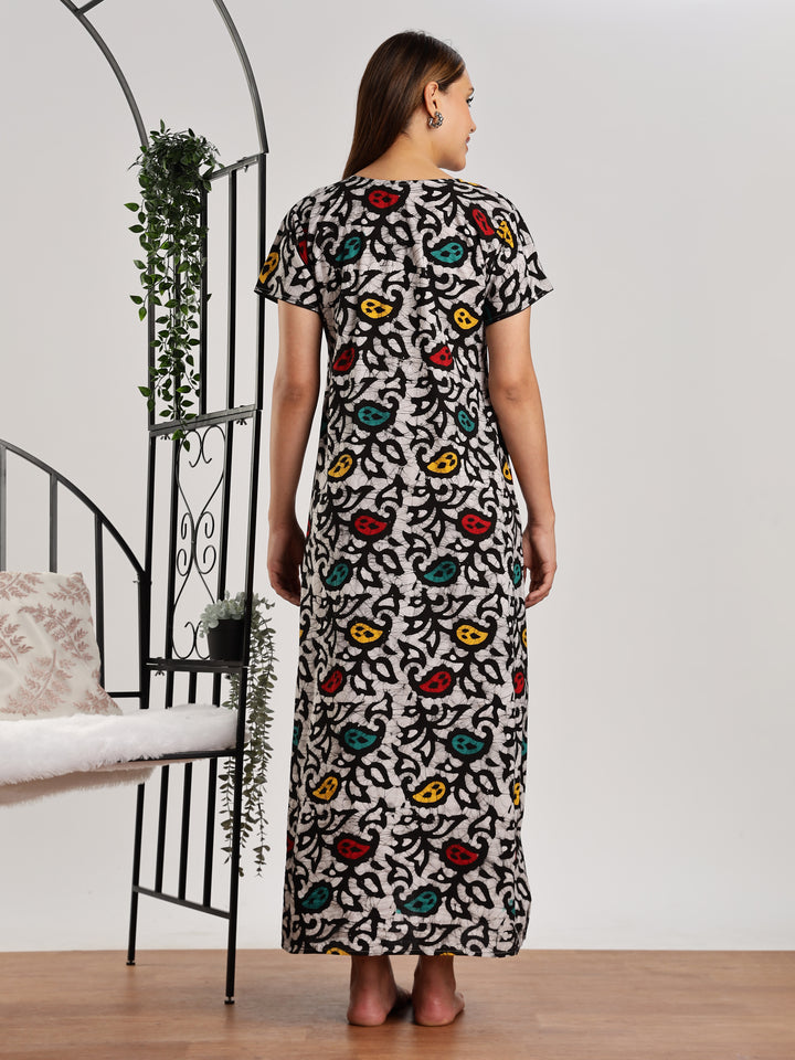 Leaf Print Pure Cotton Night Dress for Women