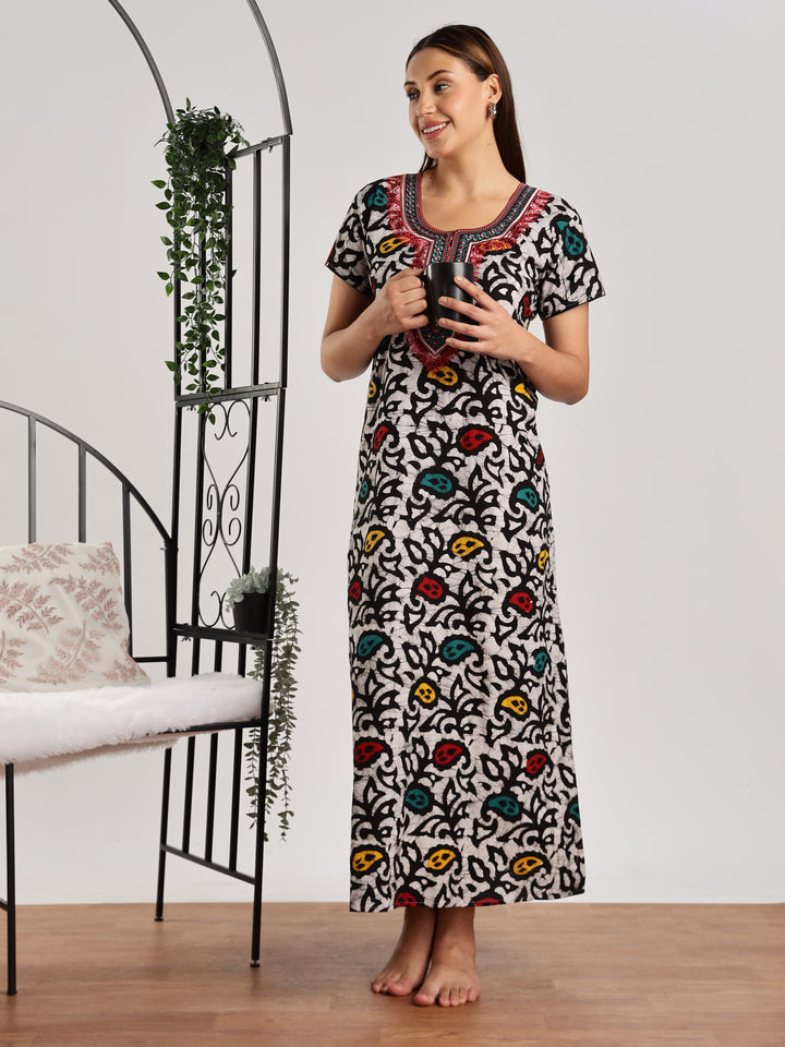 Leaf Print Pure Cotton Night Dress for Women
