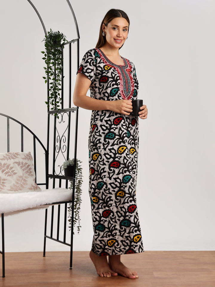 Leaf Print Pure Cotton Night Dress for Women