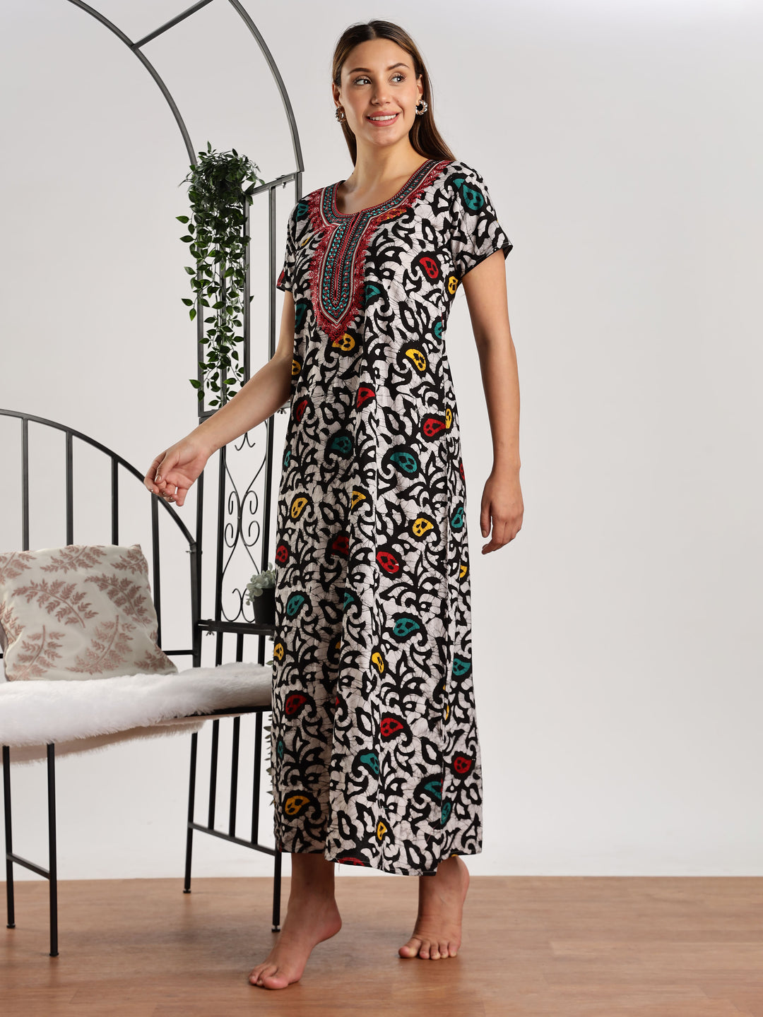 Leaf Print Pure Cotton Night Dress for Women