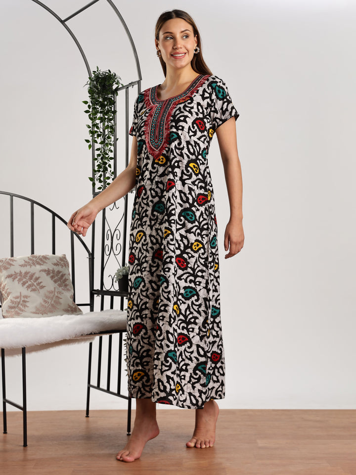 Leaf Print Pure Cotton Night Dress for Women