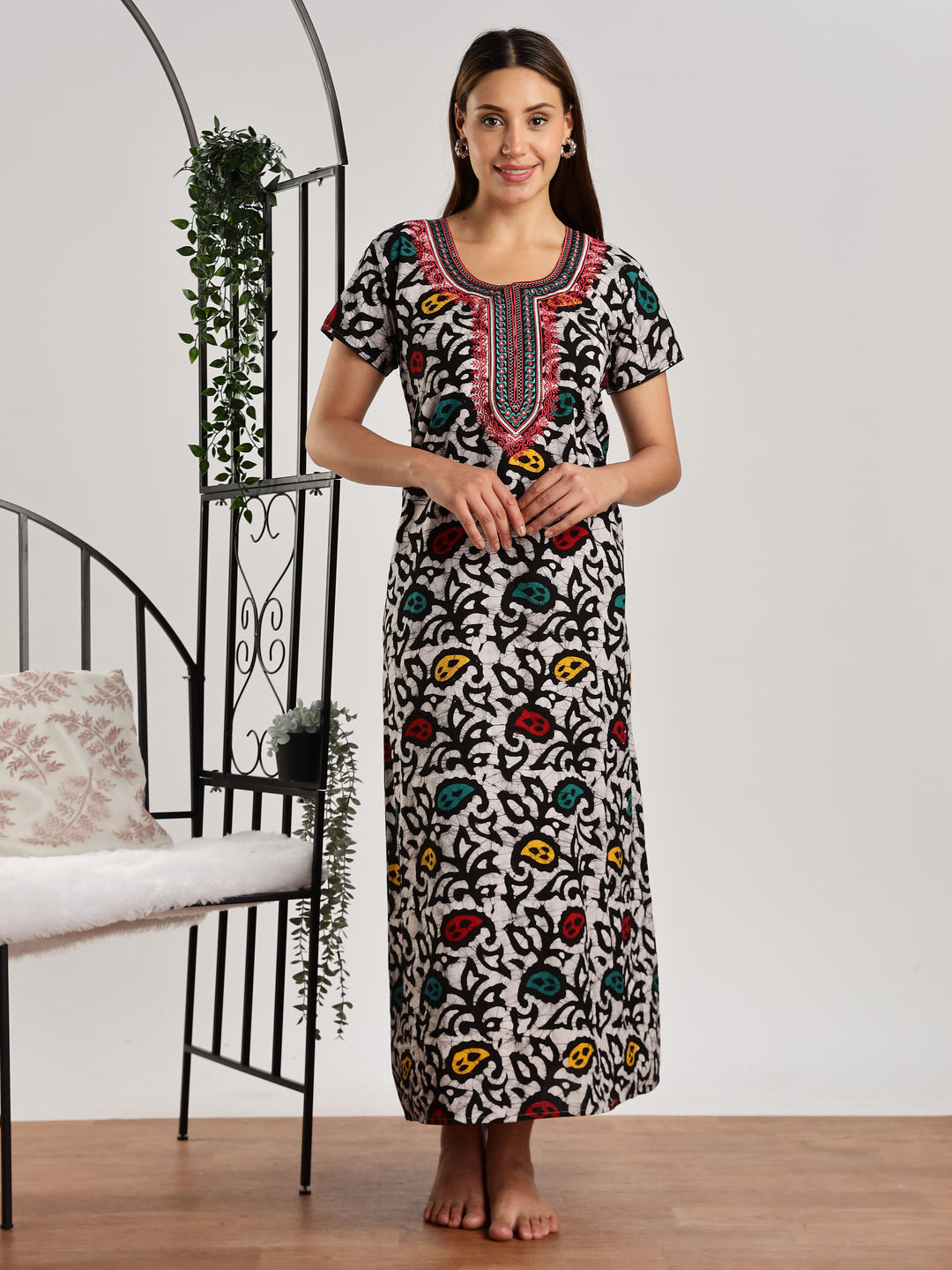 Leaf Print Pure Cotton Night Dress for Women