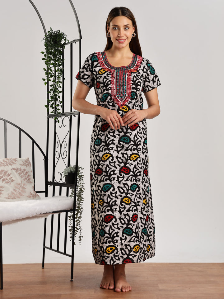 Leaf Print Pure Cotton Night Dress for Women