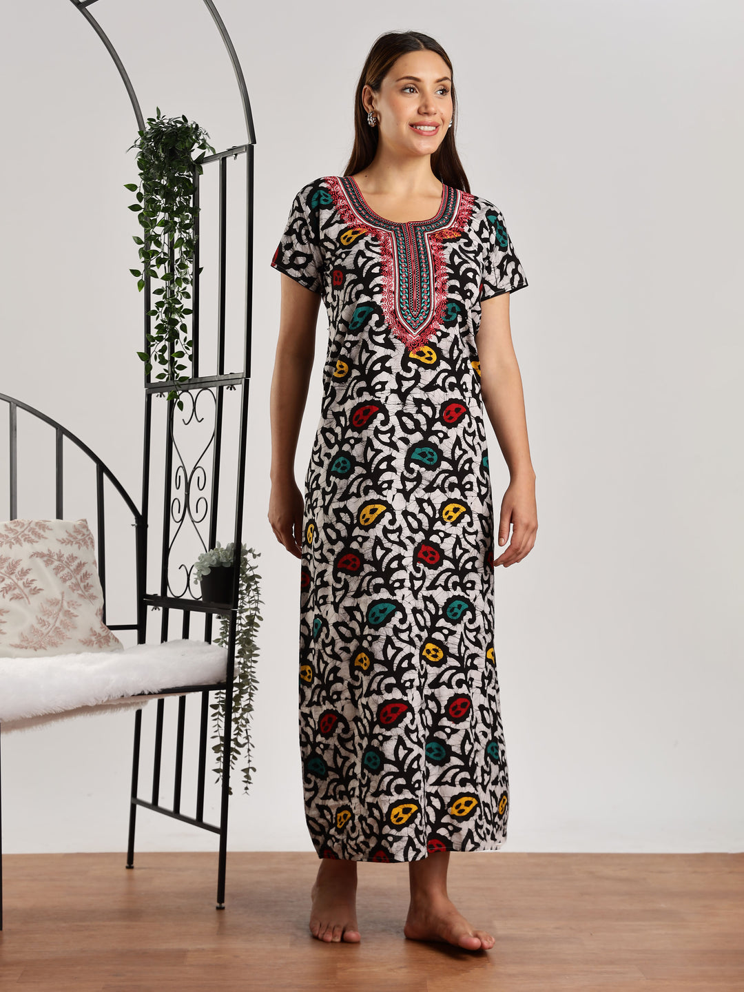 Leaf Print Pure Cotton Night Dress for Women