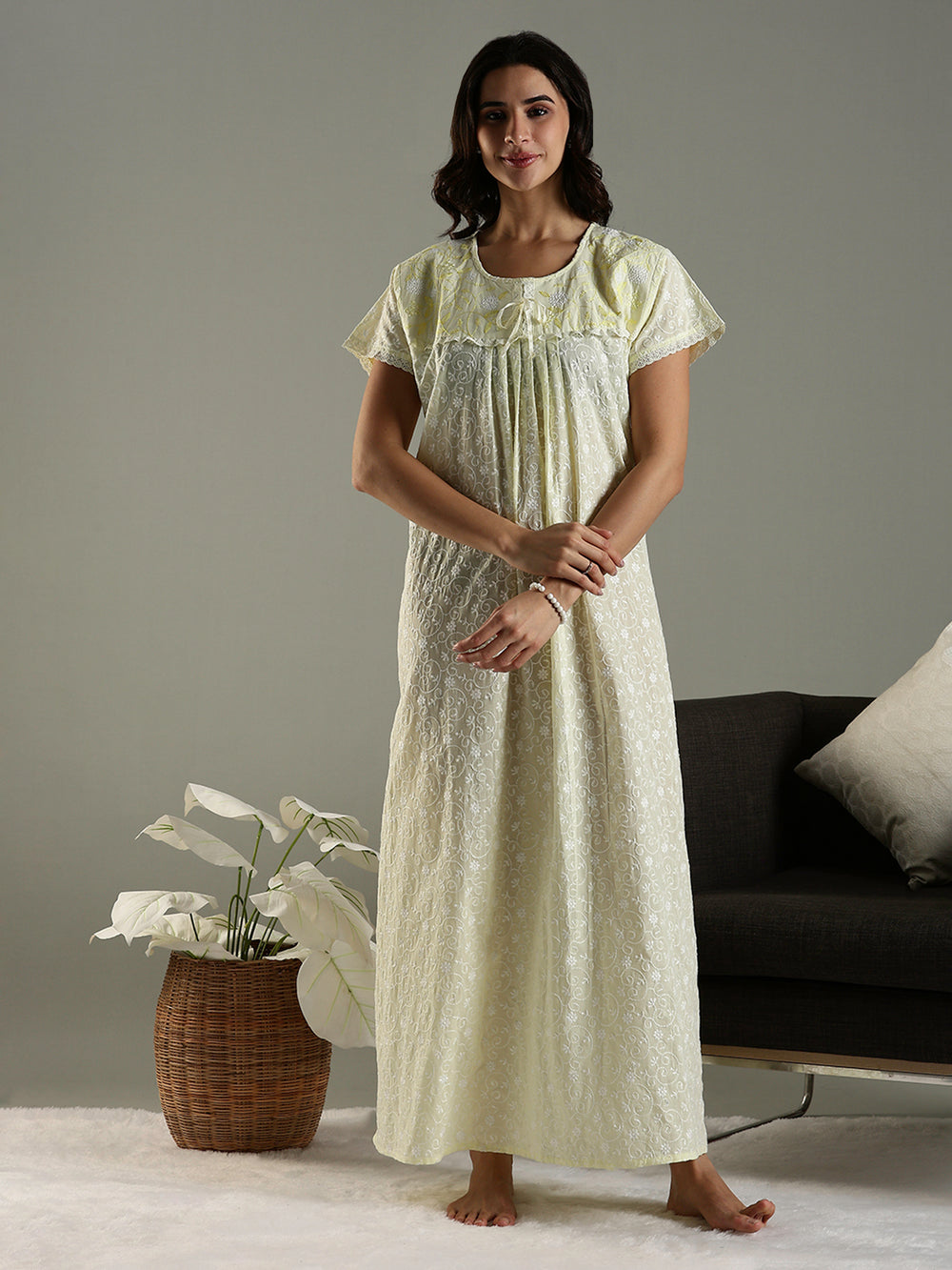 Lemon Zest Chikankari Cotton Nighty Online with Pocket
