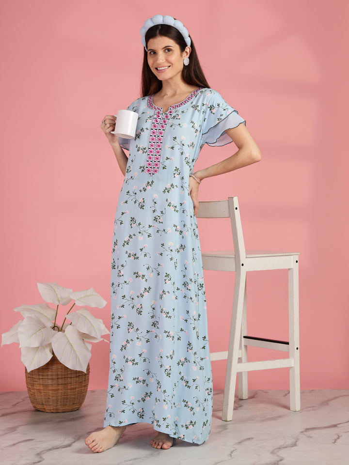 Light Blue Floral Nighty for Women with Pocket