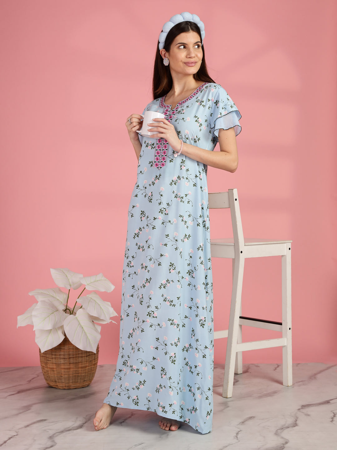 Light Blue Floral Nighty for Women with Pocket