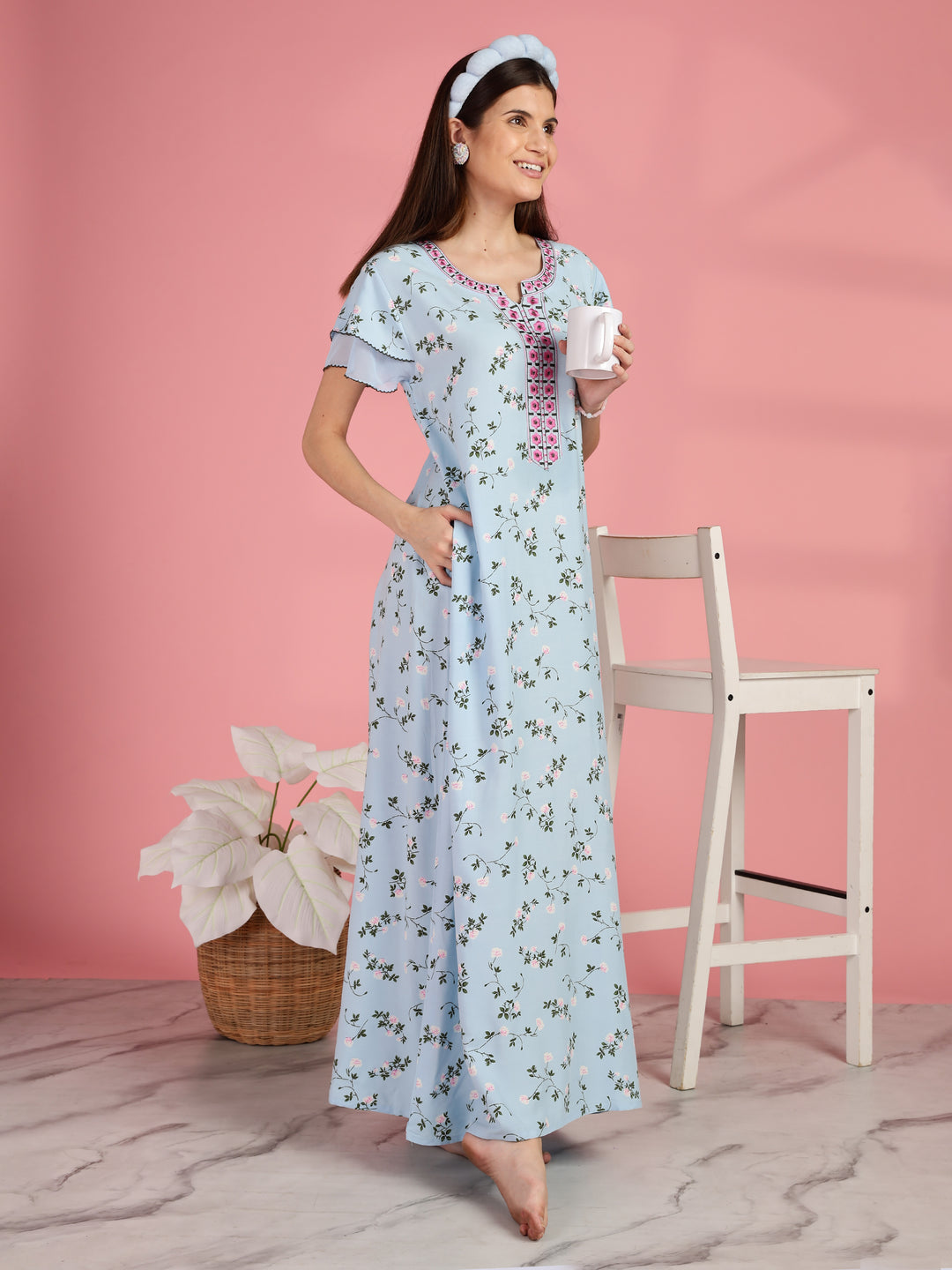 Light Blue Floral Nighty for Women with Pocket