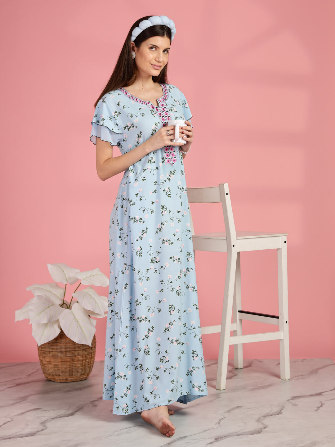 Light Blue Floral Nighty for Women with Pocket