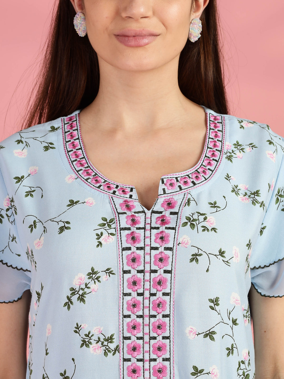 Light Blue Floral Nighty for Women with Pocket