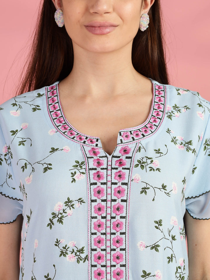 Light Blue Floral Nighty for Women with Pocket