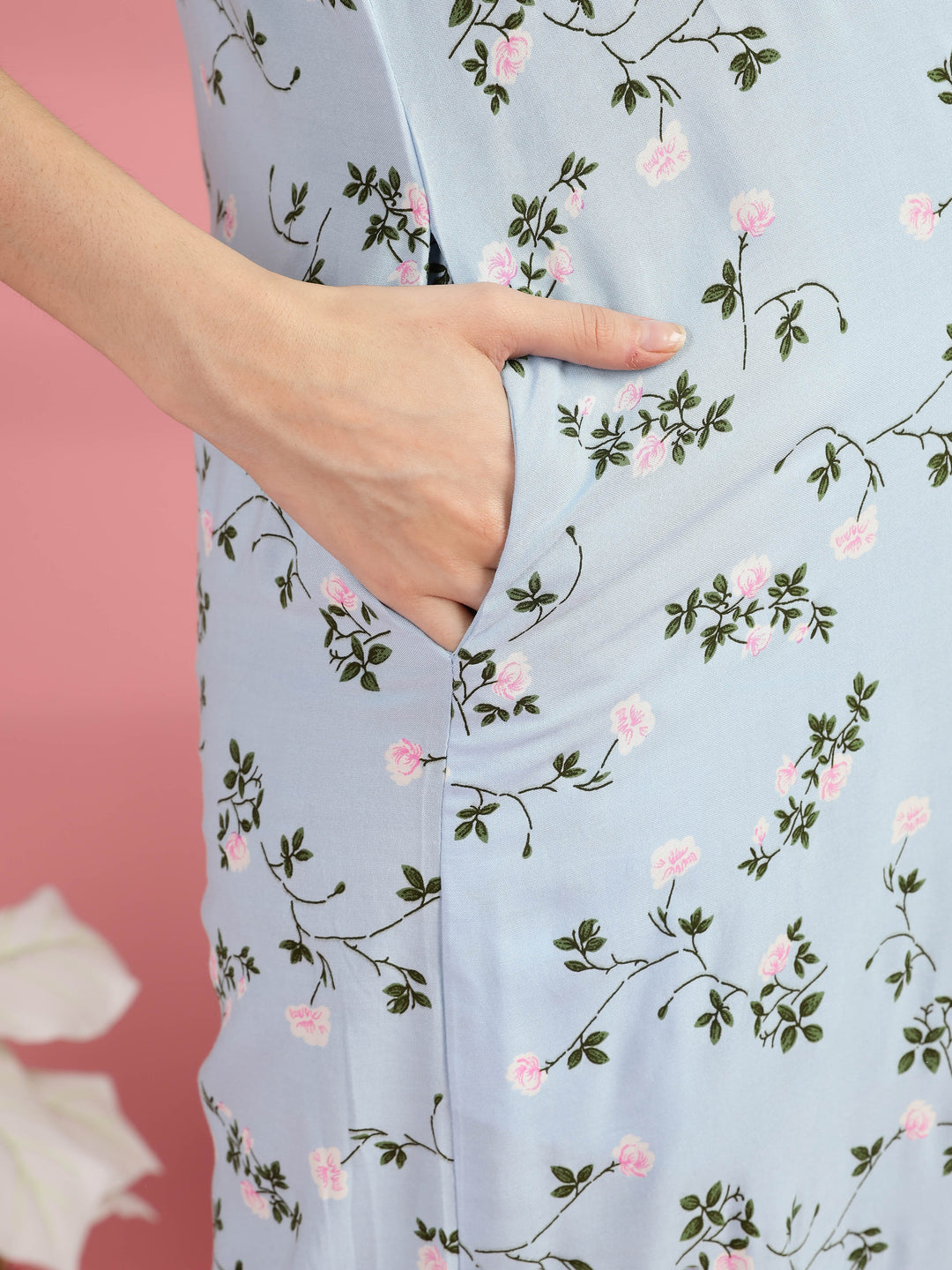 Light Blue Floral Nighty for Women with Pocket