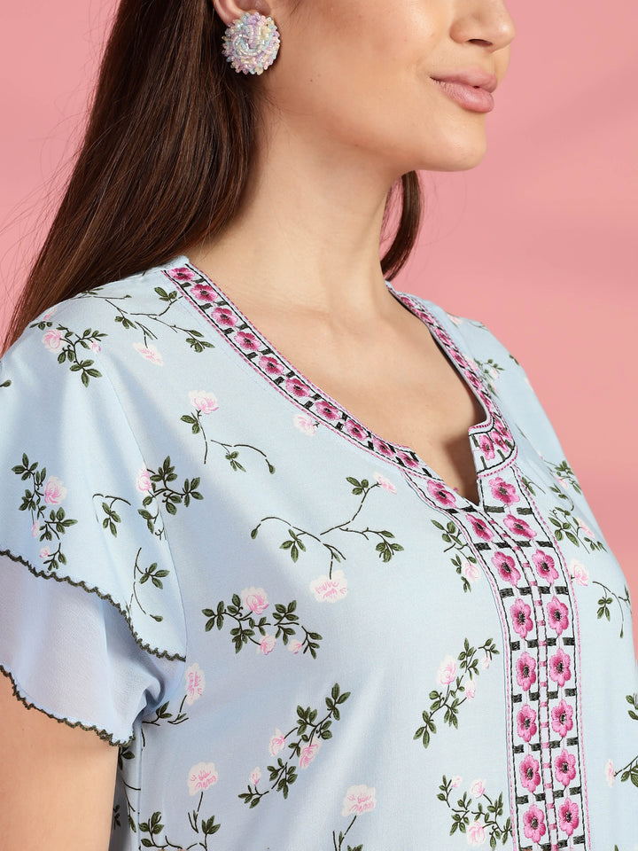 Light Blue Floral Nighty for Women with Pocket