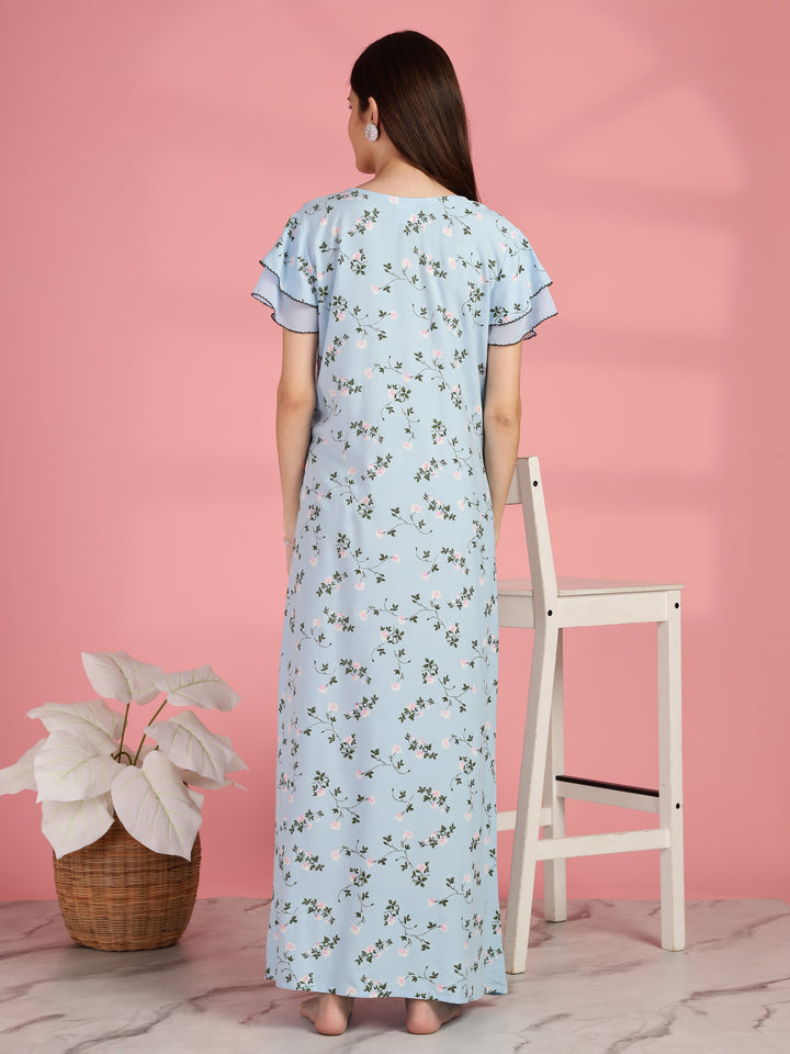 Light Blue Floral Nighty for Women with Pocket