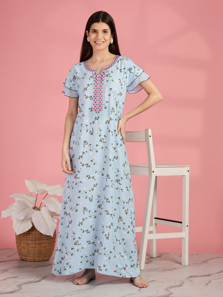Light Blue Floral Nighty for Women with Pocket