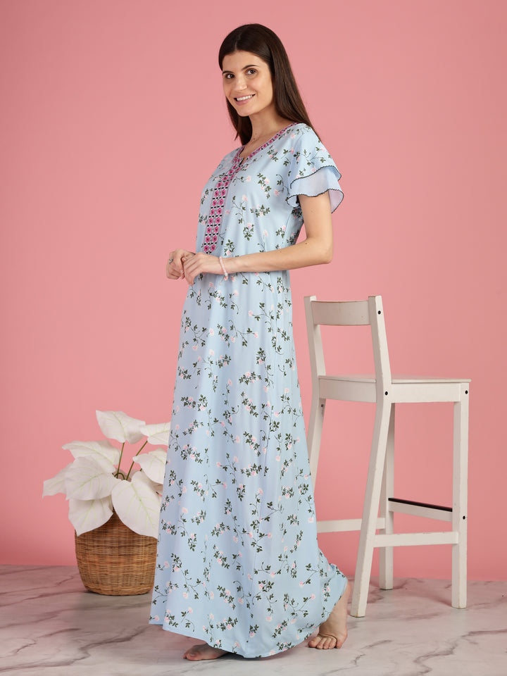 Light Blue Floral Nighty for Women with Pocket