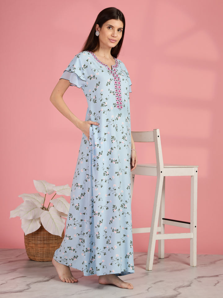 Light Blue Floral Nighty for Women with Pocket