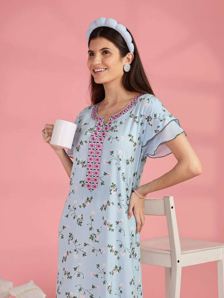 Light Blue Floral Nighty for Women with Pocket