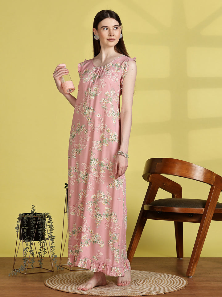 Floral Light Pink Sleeveless Nighty For Women
