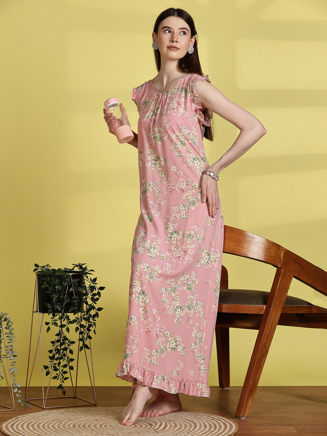 Floral Light Pink Sleeveless Nighty For Women