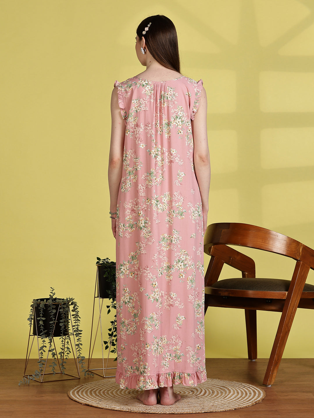 Floral Light Pink Sleeveless Nighty For Women