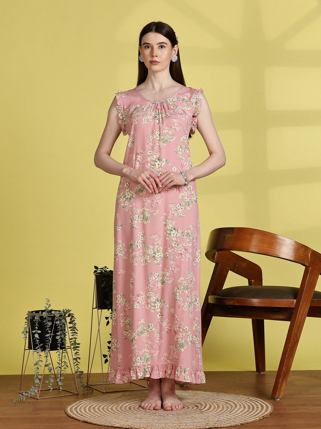 Floral Light Pink Sleeveless Nighty For Women