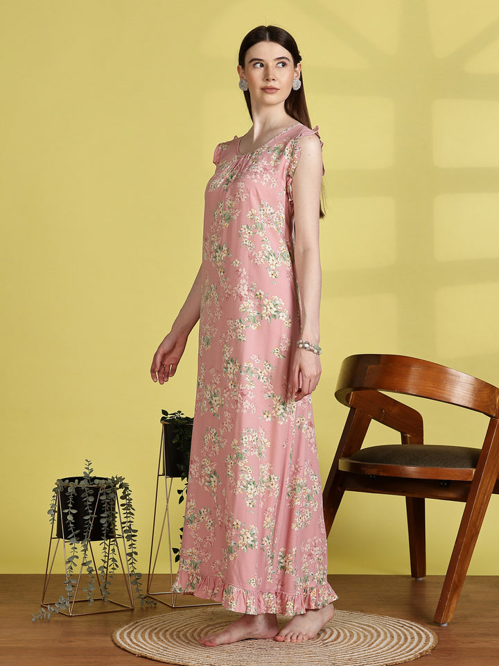 Floral Light Pink Sleeveless Nighty For Women