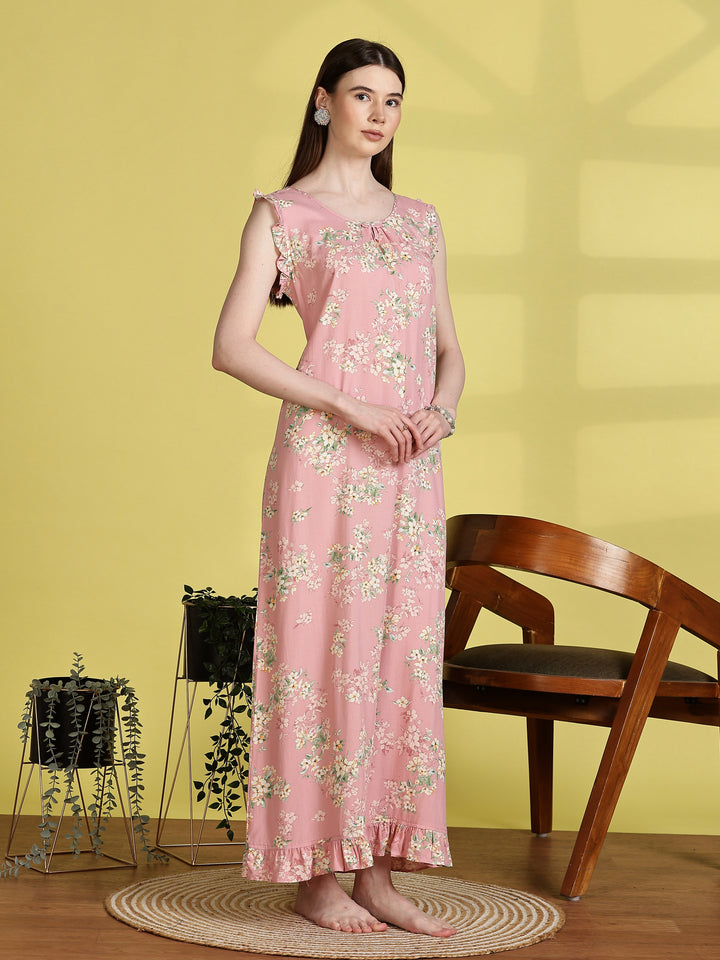 Floral Light Pink Sleeveless Nighty For Women