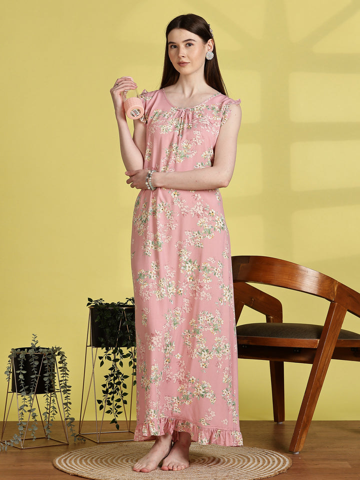 Floral Light Pink Sleeveless Nighty For Women