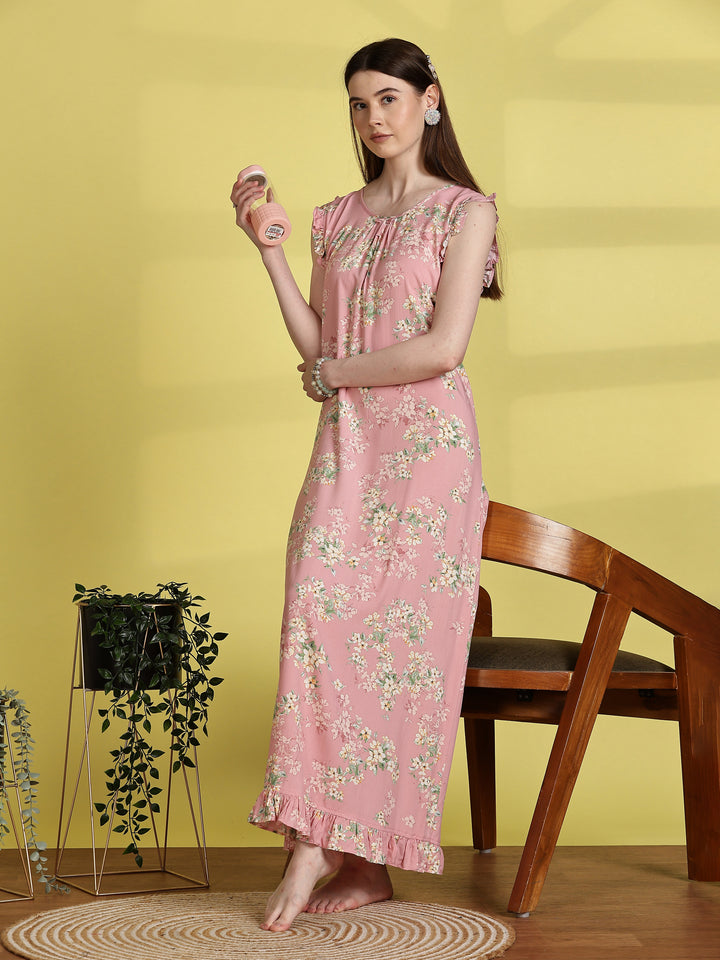 Floral Light Pink Sleeveless Nighty For Women