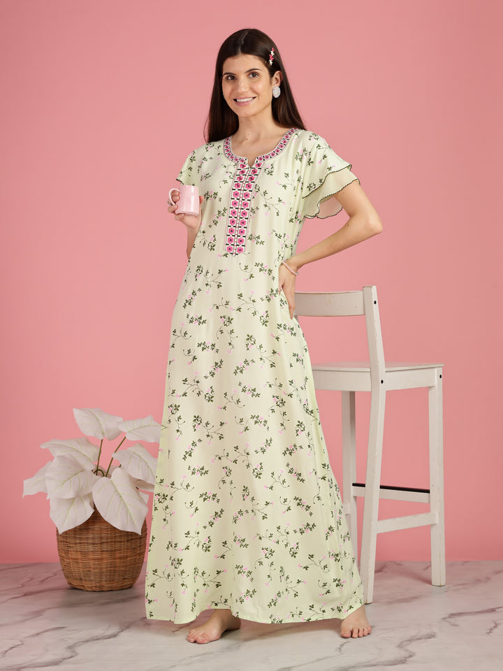 Light Yellow Floral Nighty for Women with Pocket