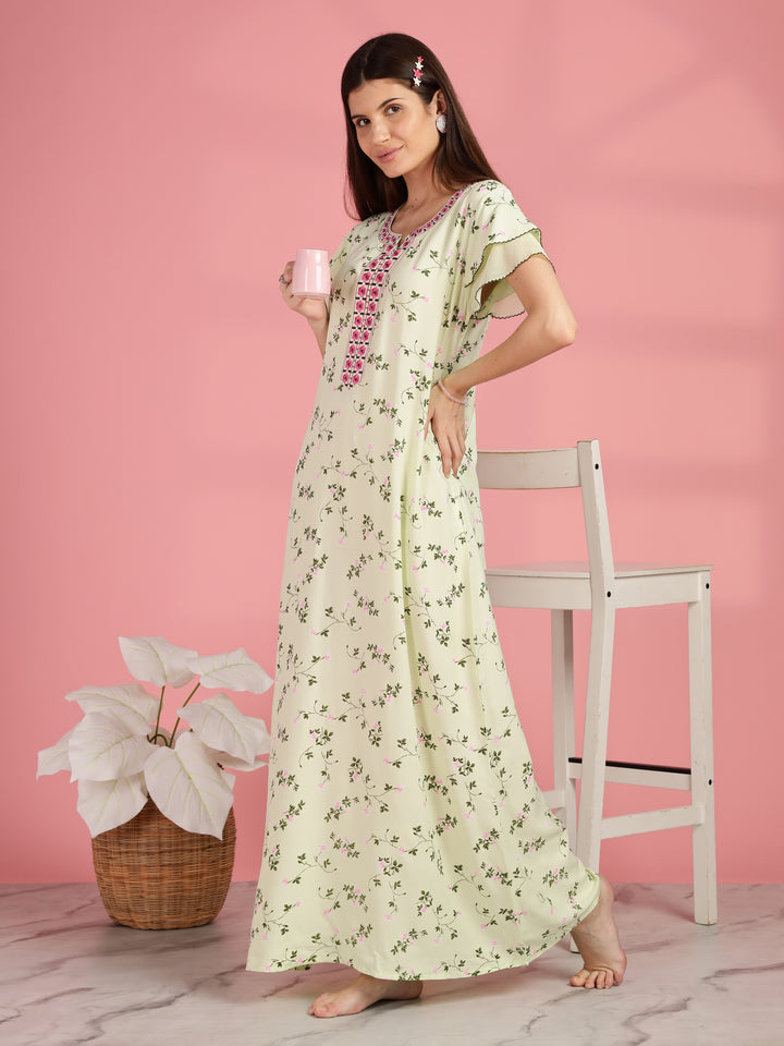 Light Yellow Floral Nighty for Women with Pocket